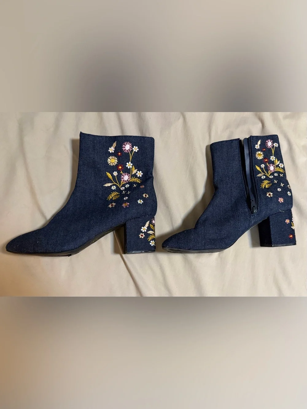 Denim Floral Embroidered Ankle Boots